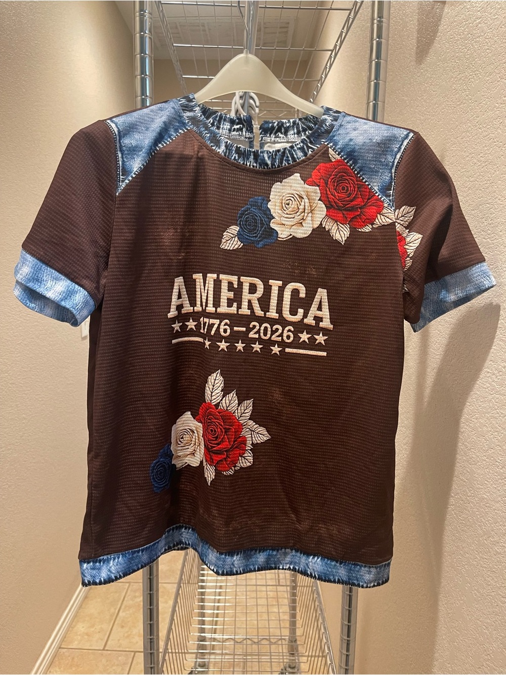 America Graphic Tee - Brown with Red, White & Blue Floral Accents